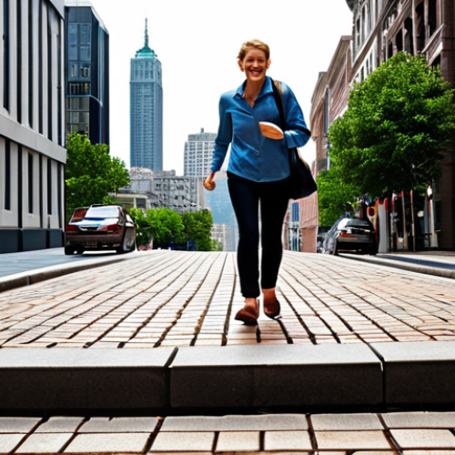 Home 11 Tiny Steps**
A person happily walking an extra block during their lunch break, feeling energized. The background shows a cityscape transitioning from dull to vibrant, symbolizing the compounding effect of small, consistent actions.
**