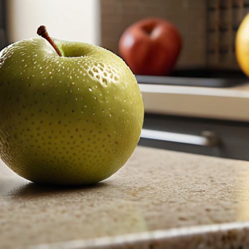 **Close-up of a single piece of fruit on a kitchen counter.** (Focus: Healthy eating micro-habit, ease of access)