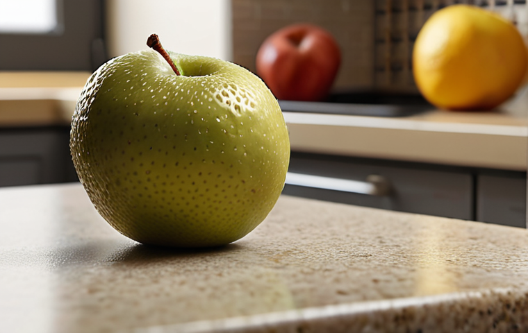 **Close-up of a single piece of fruit on a kitchen counter.** (Focus: Healthy eating micro-habit, ease of access)