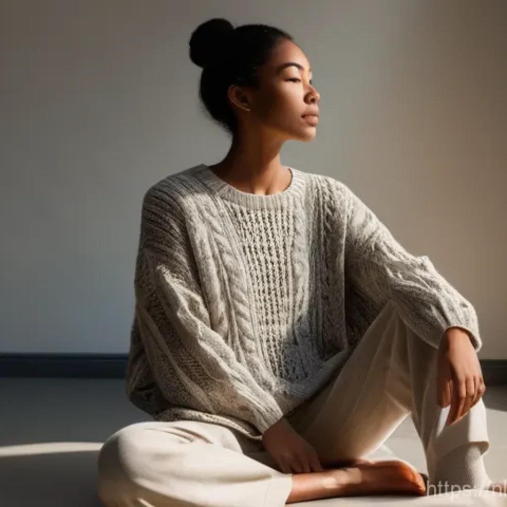 사회적 비판을 극복하는 심리적 방법 - A serene individual, dressed in a comfortable and modest knitted sweater and soft trousers, sits in ...