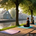 Home 22 정신 건강과 신체 건강의 상관관계 - A serene Dutch park scene in early morning light showing a diverse group of adults practicing mindfu...