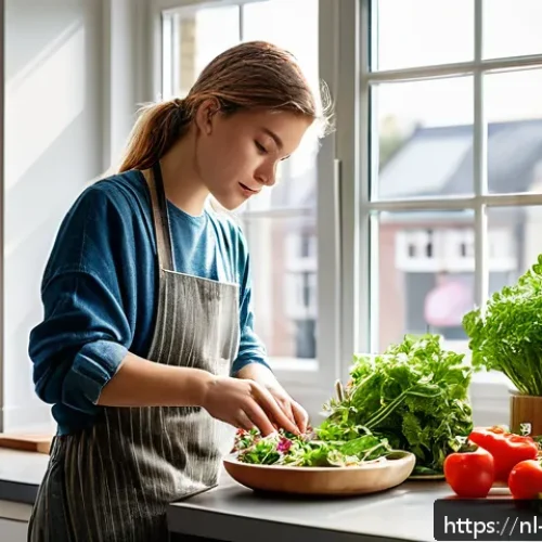 Home 30 심리적 요인과 건강 행동 변화 분석 - A cozy modern Dutch kitchen scene showing a young adult woman in casual clothing thoughtfully prepar...