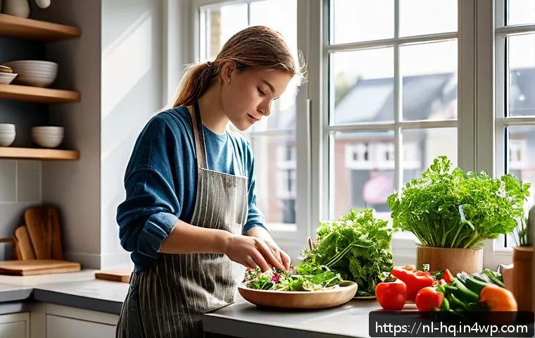 심리적 요인과 건강 행동 변화 분석 - A cozy modern Dutch kitchen scene showing a young adult woman in casual clothing thoughtfully prepar...