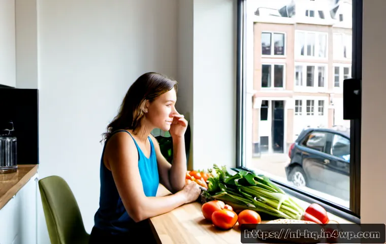 Home 17 심리적 방어 기제와 건강 행동 변화 - Photorealistic Dutch adult in a bright Amsterdam apartment kitchen, pausing thoughtfully before choo...