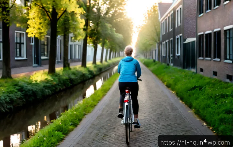 Home 17 정신 건강 증진을 위한 행동 변화 - Photorealistic Dutch adult taking a mindful morning bicycle ride along a quiet canal in Utrecht, rel...